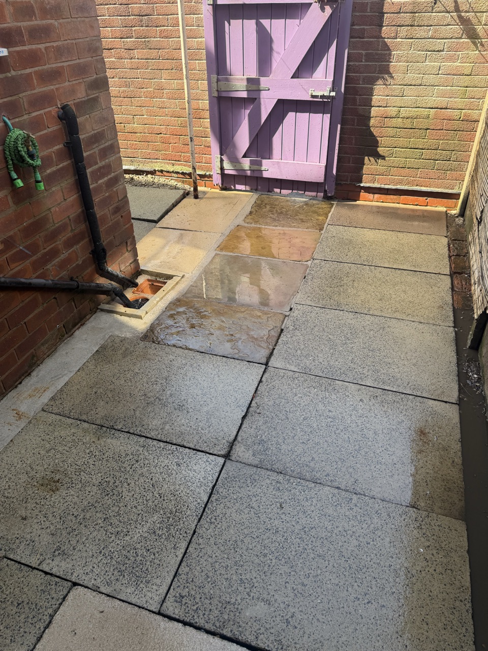 After – green, mossy flagstones restored with a gentle, low-pressure soft wash.